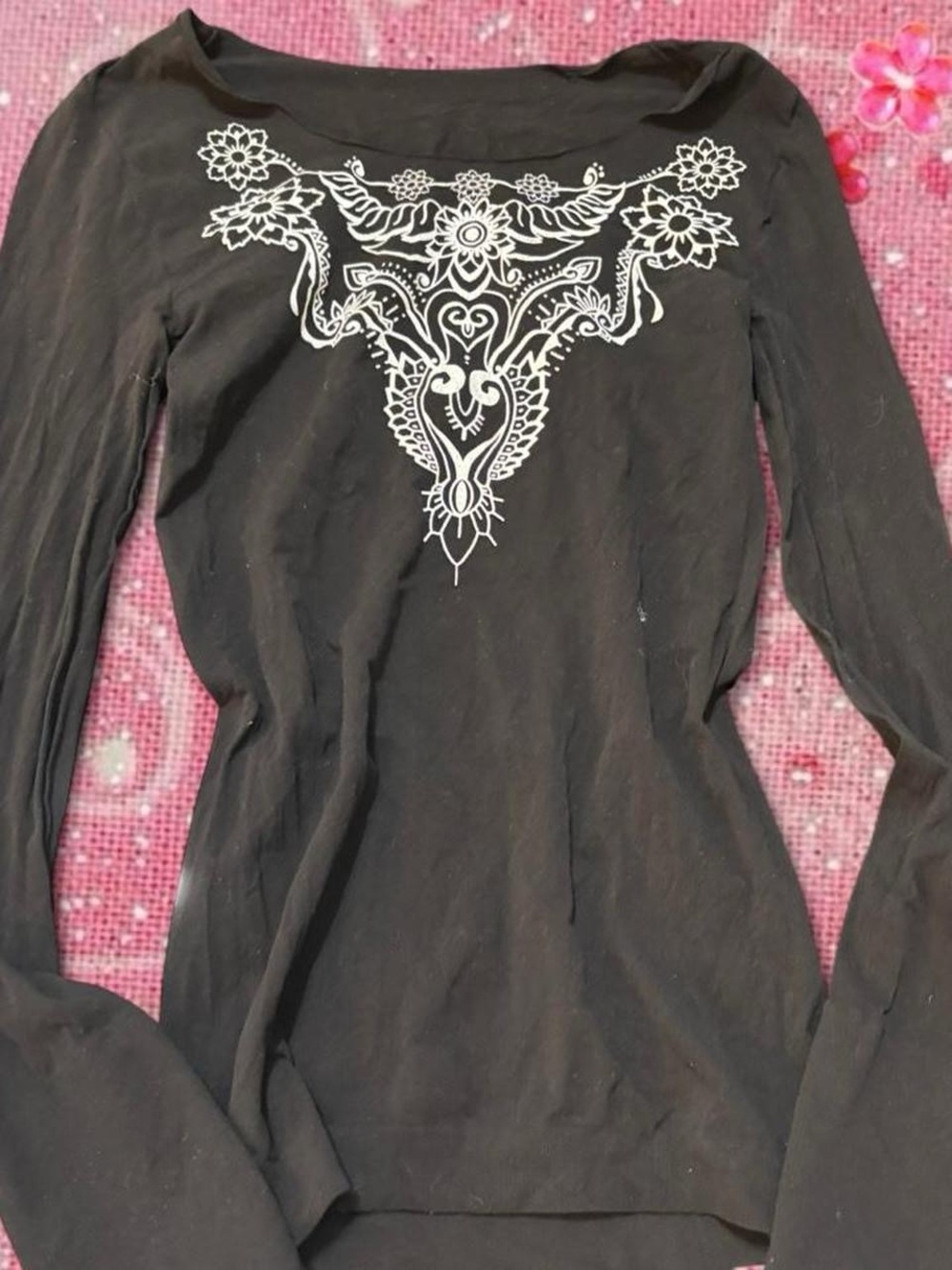 Black Long-Sleeve Women's Top with White Embroidered Yoke